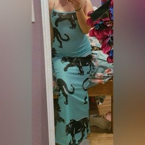 Blue leopard print long bodycon dress, chain straps